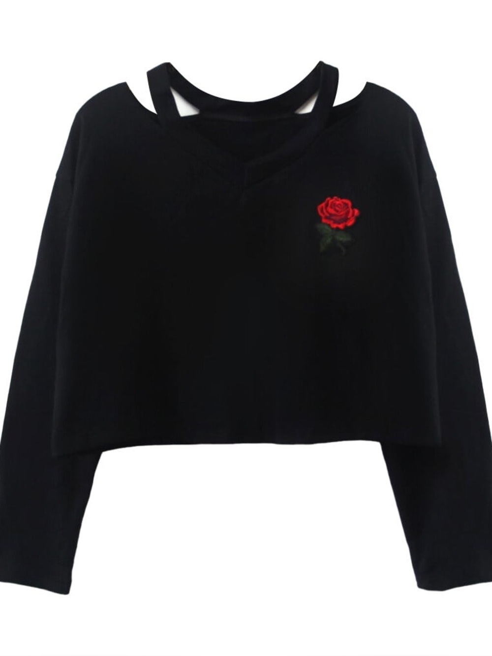 Black Cropped Long Sleeve Top Strappy Neck Rose Embroidered XL Soft Grunge Goth